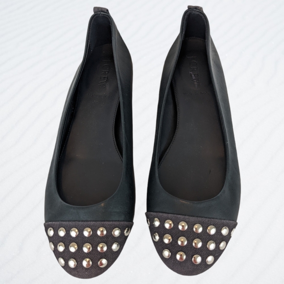 J. Crew Studded Toe Black Ballet Flats Leather Made in Italy Size 7 Like New - Picture 2 of 8